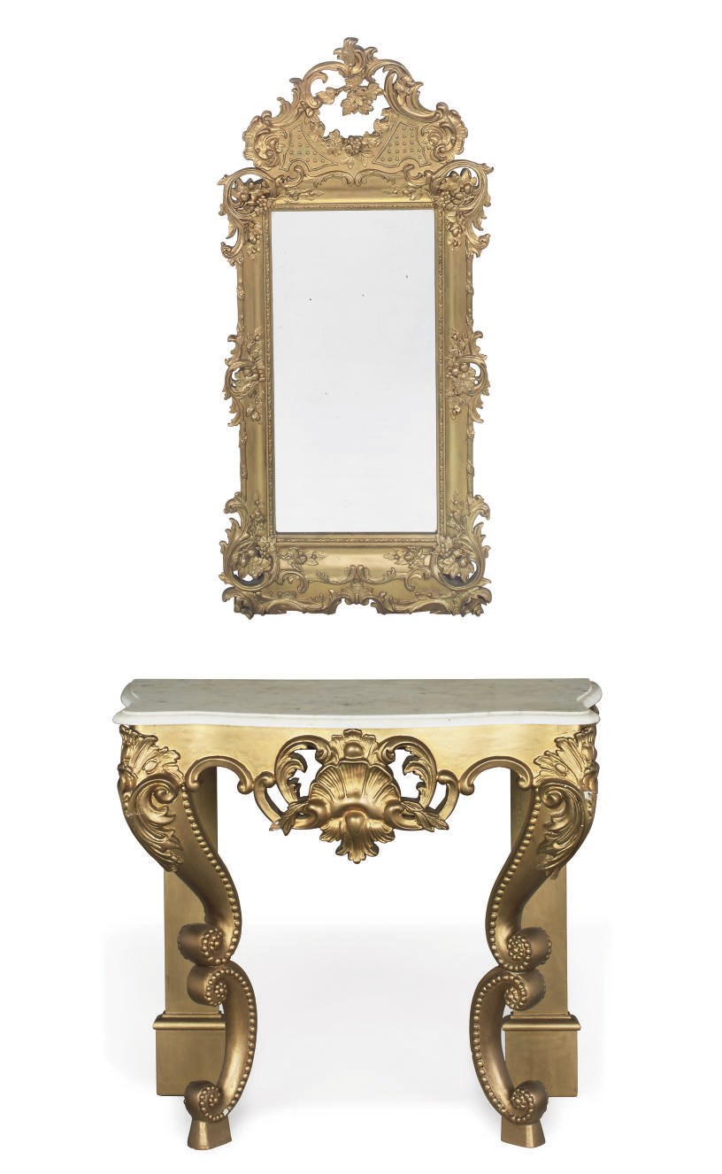 A SWEDISH GILTWOOD AND GESSO MIRROR AND CONSOLE