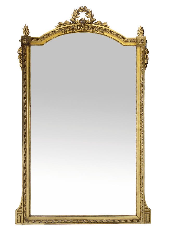 A FRENCH GILTWOOD AND COMPOSITION WALL MIRROR