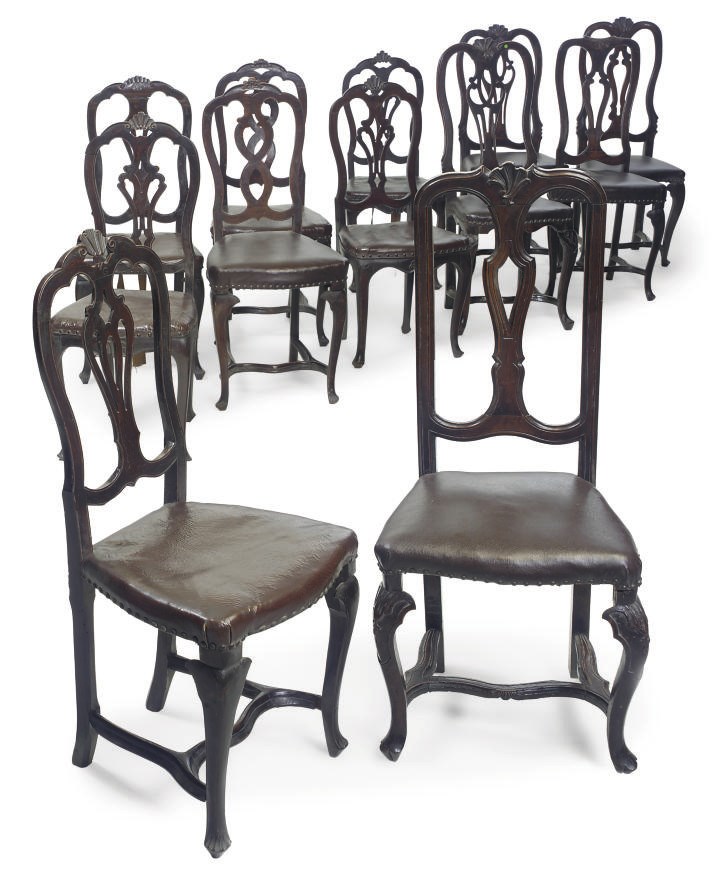 A MATCHED SET OF TWELVE PORTUGUESE WALNUT AND BEECH DINING CHAIRS