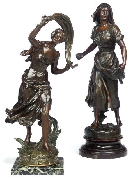 TWO FRENCH SPELTER ALLEGORICAL FEMALE FIGURES