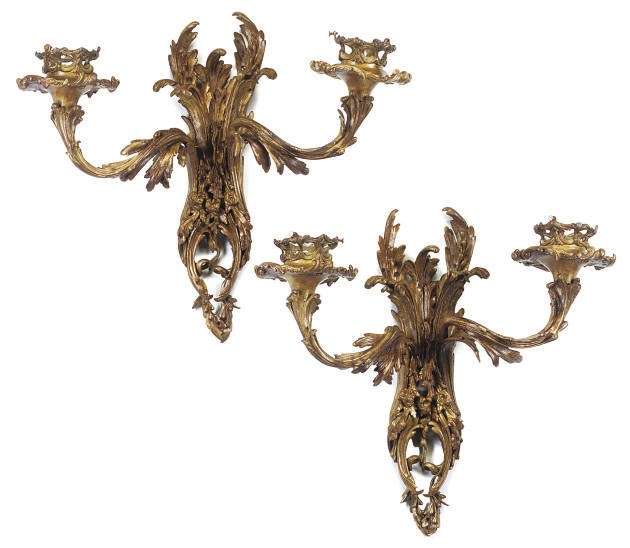 A PAIR OF FRENCH GILT-BRASS TWIN-BRANCH WALL APPLIQUES