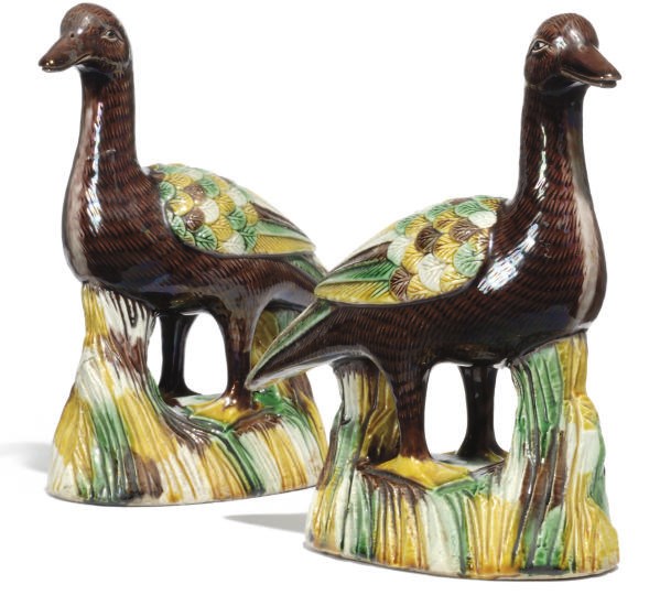 A PAIR OF 'EGG AND SPINACH' GLAZED DUCKS