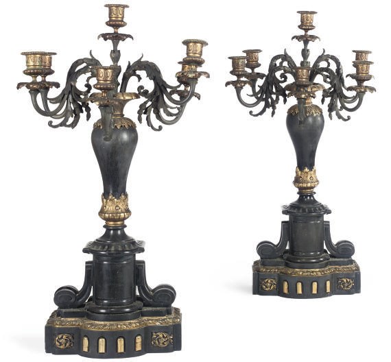 A PAIR OF FRENCH BLACK-MARBLE, BRONZE AND PARCEL-GILT CANDELABRA