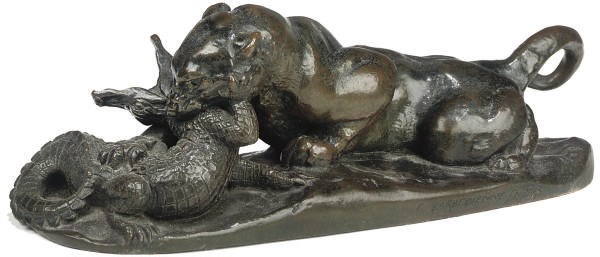 A FRENCH BRONZE GROUP OF A JAGUAR ATTACKING A CROCODILE