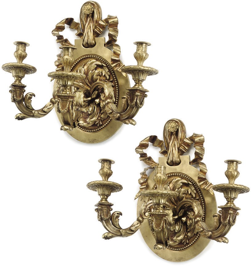 A PAIR OF GILT-BRONZE THREE-LIGHT WALL APPLIQUES