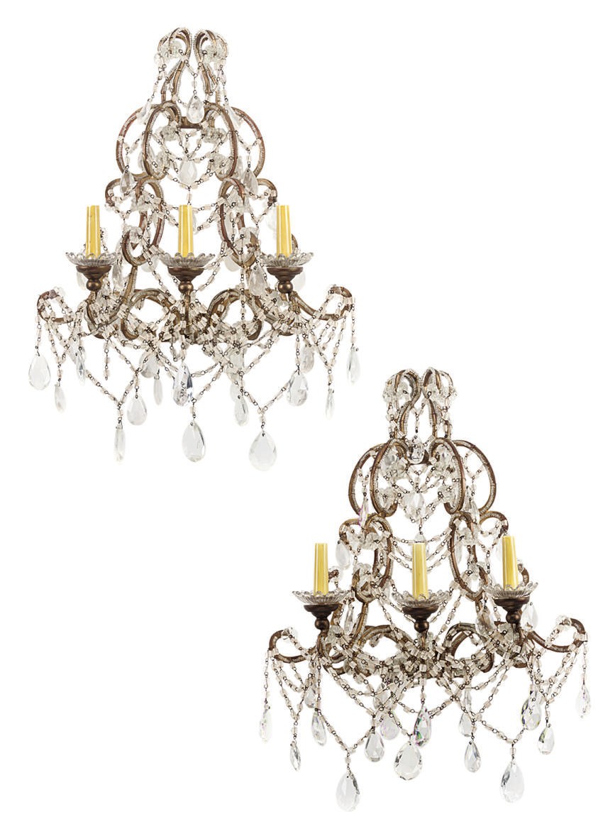 A SET OF FOUR GOLD-PAINTED AND GLASS THREE-LIGHT WALL APPLIQUES