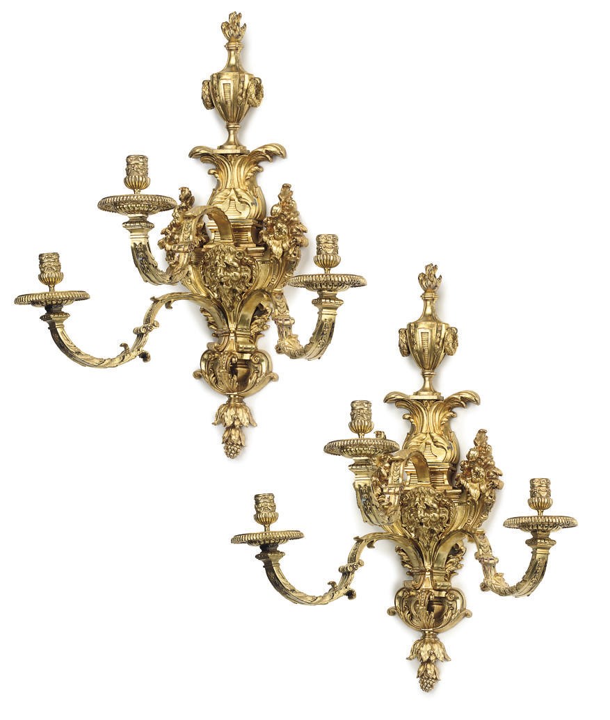 A PAIR OF GILT-BRONZE THREE-LIGHT WALL APPLIQUES