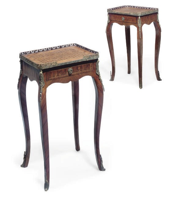 A PAIR OF GILT METAL MOUNTED WALNUT AND MARQUETRY TABLES