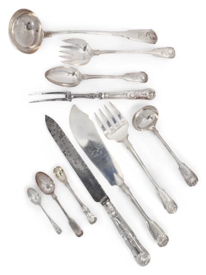 A GEORGE III/VICTORIAN SILVER FIDDLE, THREAD AND SHELL PATTERN PART TABLE SERVICE