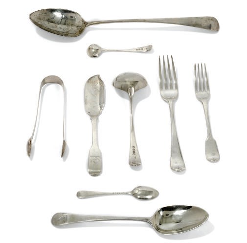 A COLLECTED SILVER OLD ENGLISH PATTERN TABLE SERVICE, PRINCIPALLY GEORGE III