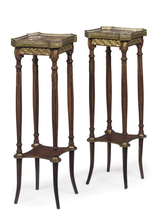 A PAIR OF FRENCH GILT-METAL MOUNTED STAINED BEECH OCCASIONAL TABLES