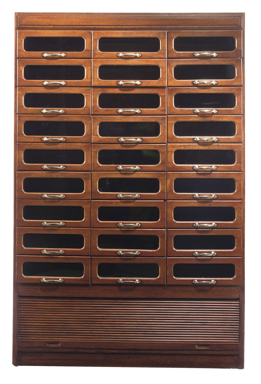 AN ENGLISH OAK DISPALY HABERDASHERY CABINET