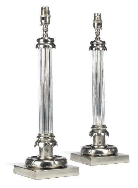A PAIR OF SILVER-PLATED AND GLASS TABLE LAMPS