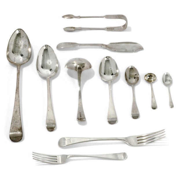 A GEORGE III/VICTORIAN COLLECTED SILVER OLD ENGLISH PATTERN TABLE SERVICE