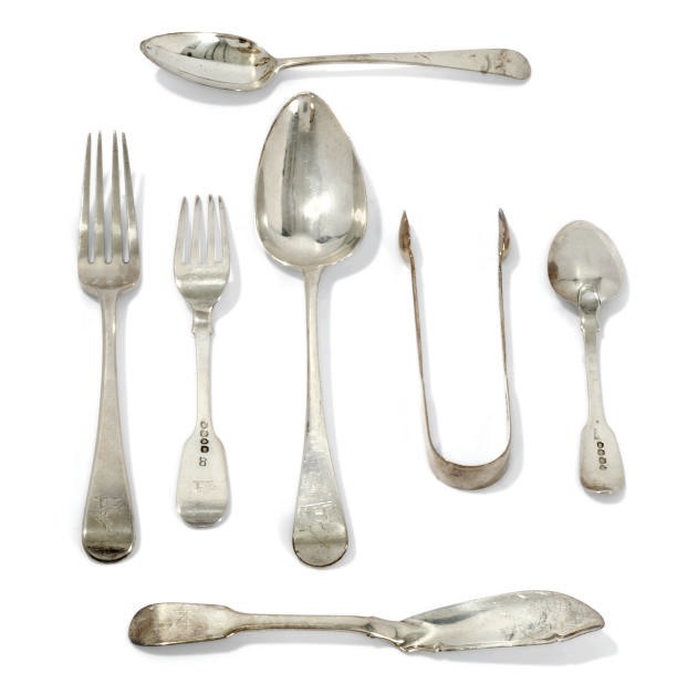 A COLLECTED GEORGE III/WILLIAM IV SILVER OLD ENGLISH AND FIDDLE PATTERN  TABLE SERVICE