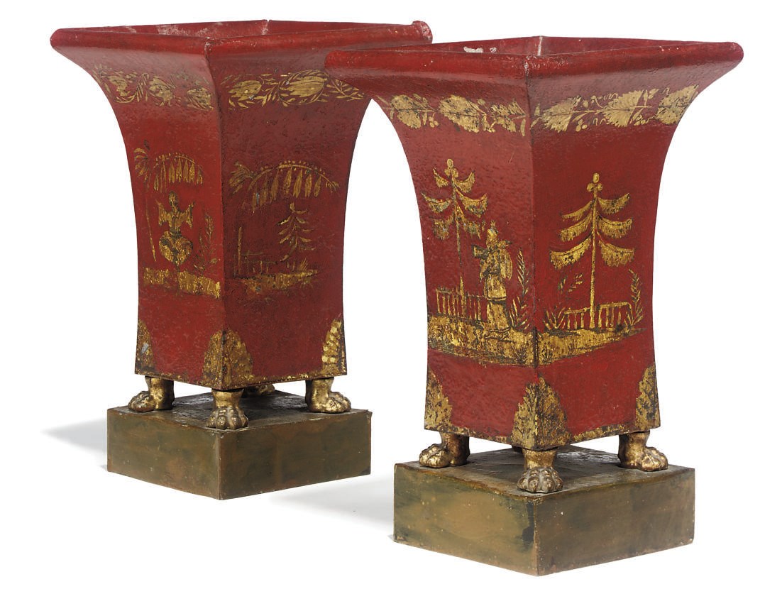 A PAIR OF FRENCH TOLE-PEINTE CACHE-POTS
