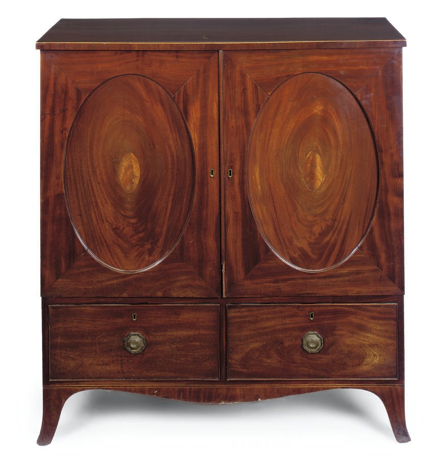 A REGENCY LINE-INLAID MAHOGANY SMALL LINEN PRESS