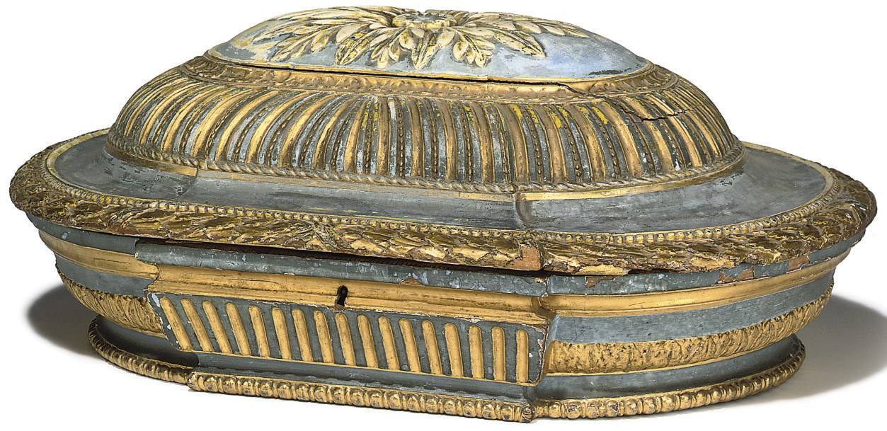 A NORTH ITALIAN GILT AND BLUE PAINTED WOOD OVAL CASKET