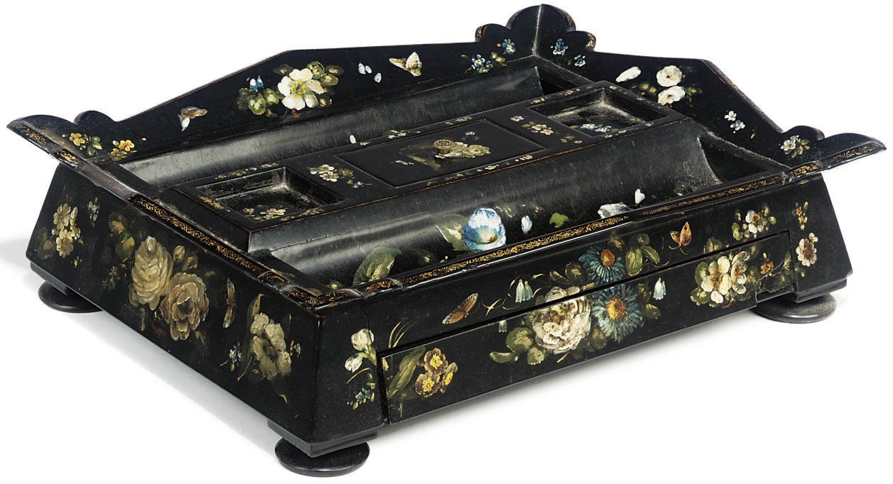 A VICTORIAN PAPIER MACHE INKSTAND