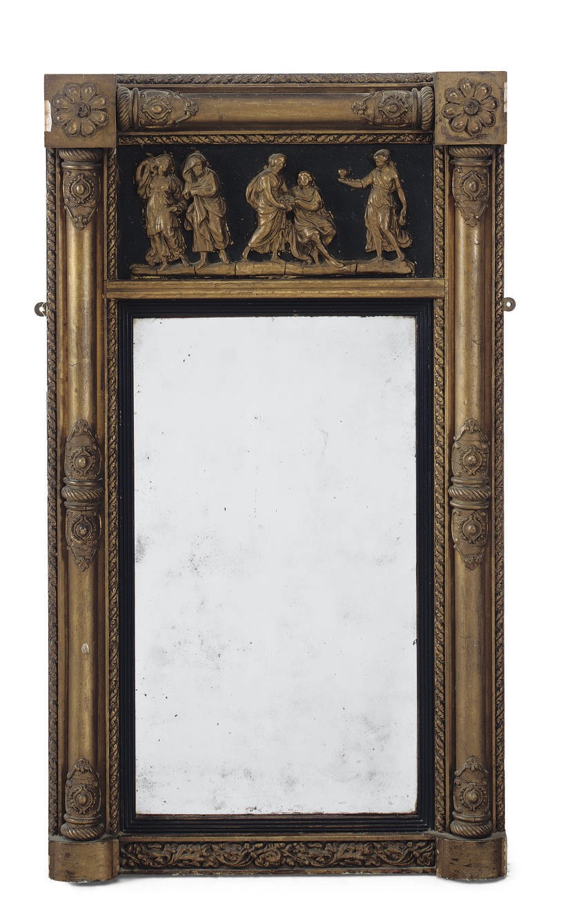 A WILLIAM IV GILTWOOD AND COMPOSITION WALL MIRROR