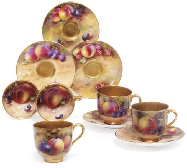 FIVE ROYAL WORCESTER MINIATURE CABINET CUPS AND SAUCERS