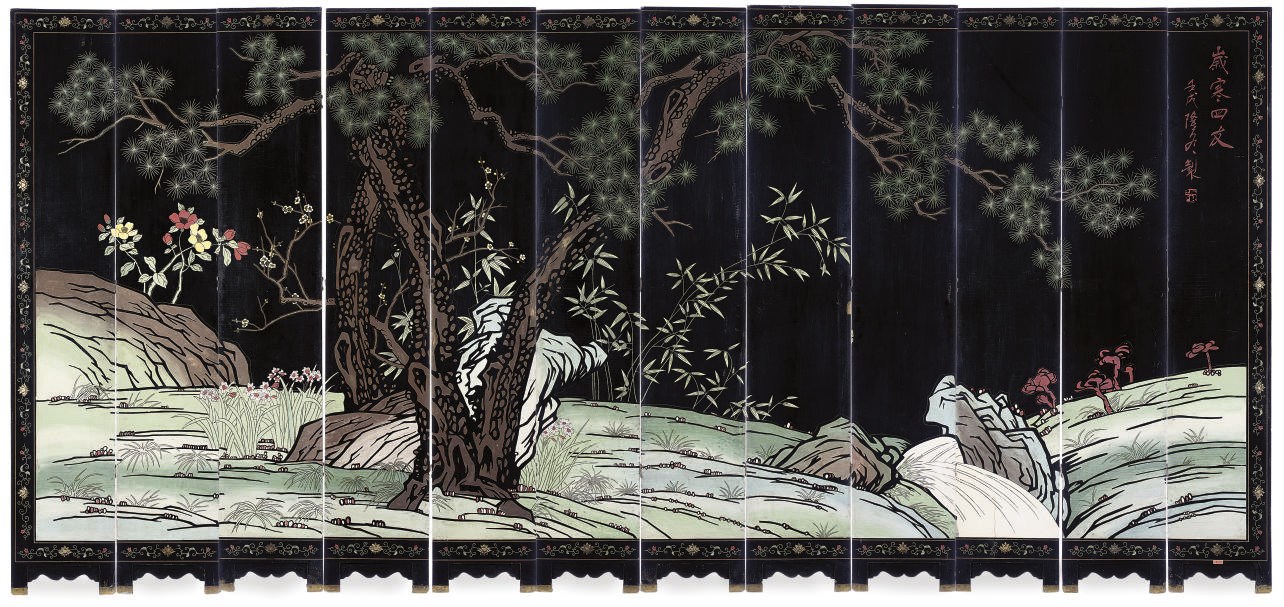 A CHINESE COROMANDEL AND COMPOSITION TWELVE-PANEL SCREEN