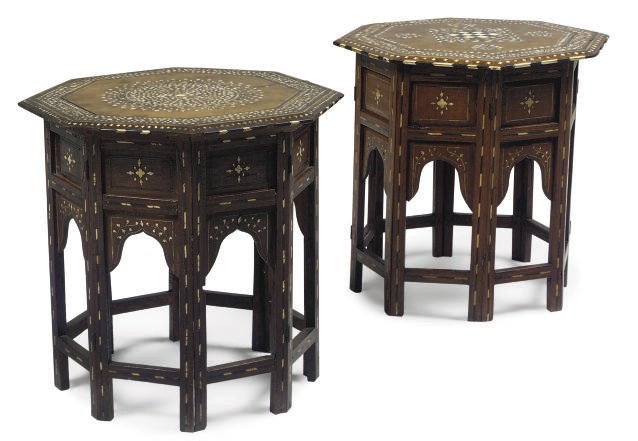 A MATCHED PAIR OF INDIAN IVORY INLAID HARDWOOD OCCASIONAL TABLES