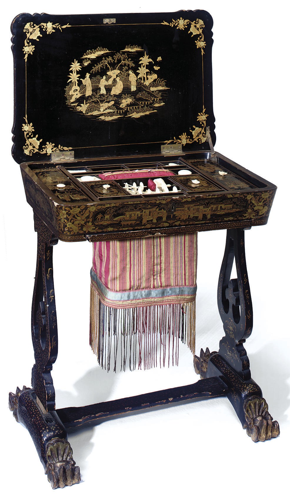 A CHINESE EXPORT LACQUER AND PARCEL GILT WORKTABLE