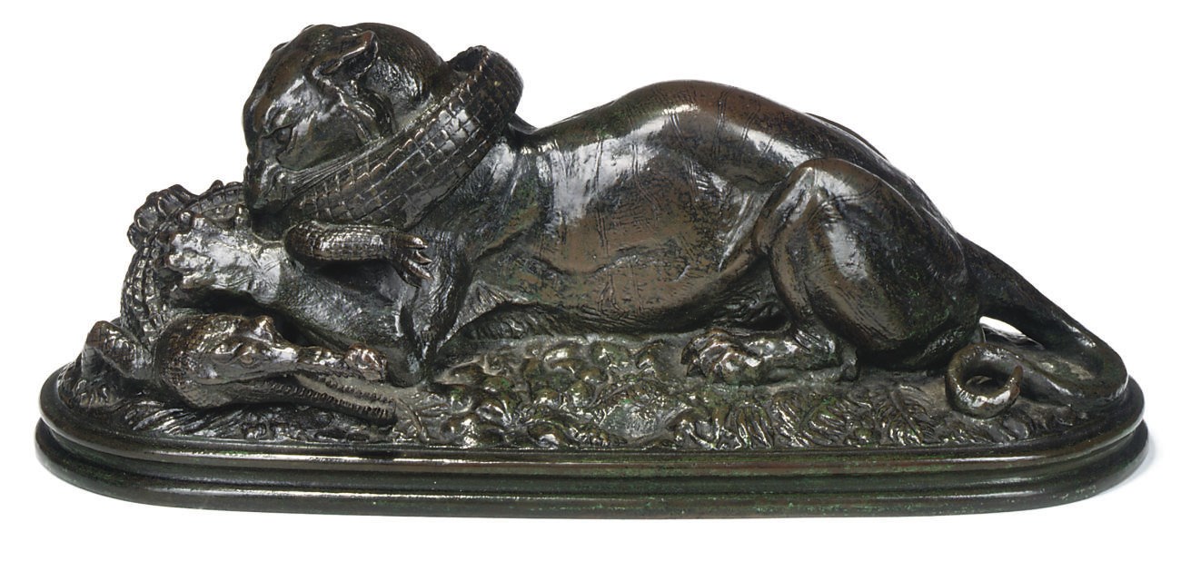 A FRENCH BRONZE GROUP OF A TIGER AND A GAVIAL