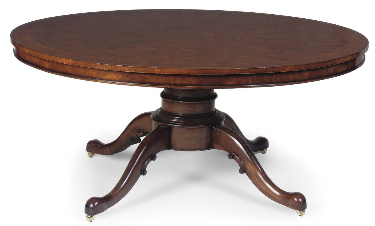 A WALNUT AND MARQUETRY CIRCULAR DINING TABLE