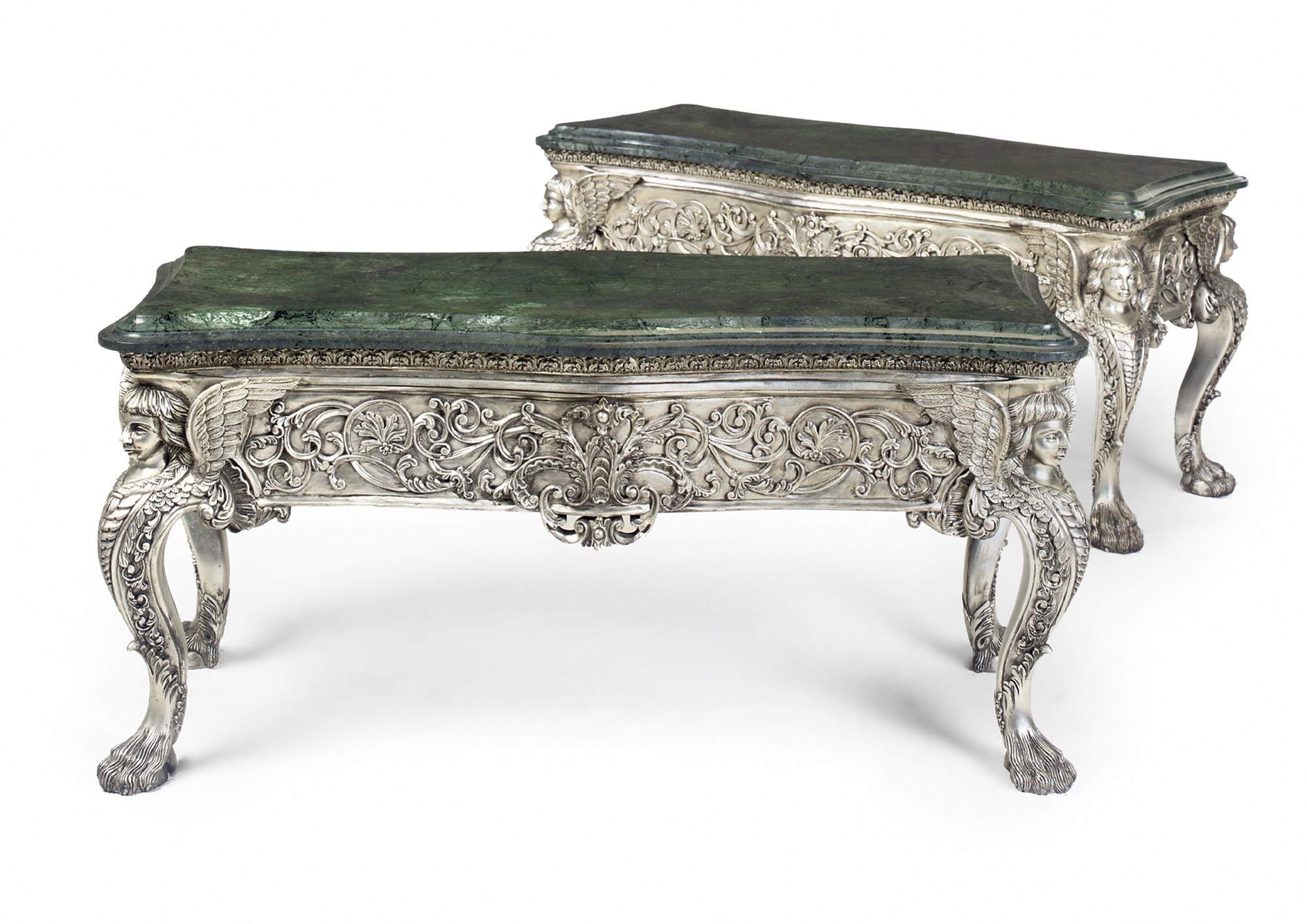 A PAIR OF SILVERED AND GREEN MARBLE MOUNTED LOW CENTRE TABLES