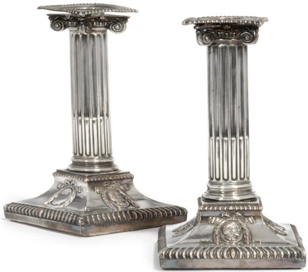 AN UNUSUAL PAIR OF OLD SHEFFIELD PLATE NEO-CLASSICAL DWARF CANDLESTICKS