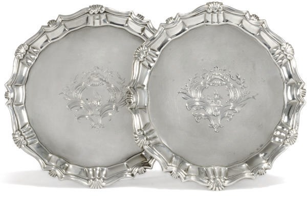 A PAIR OF SMALL GEORGE II SILVER SALVERS