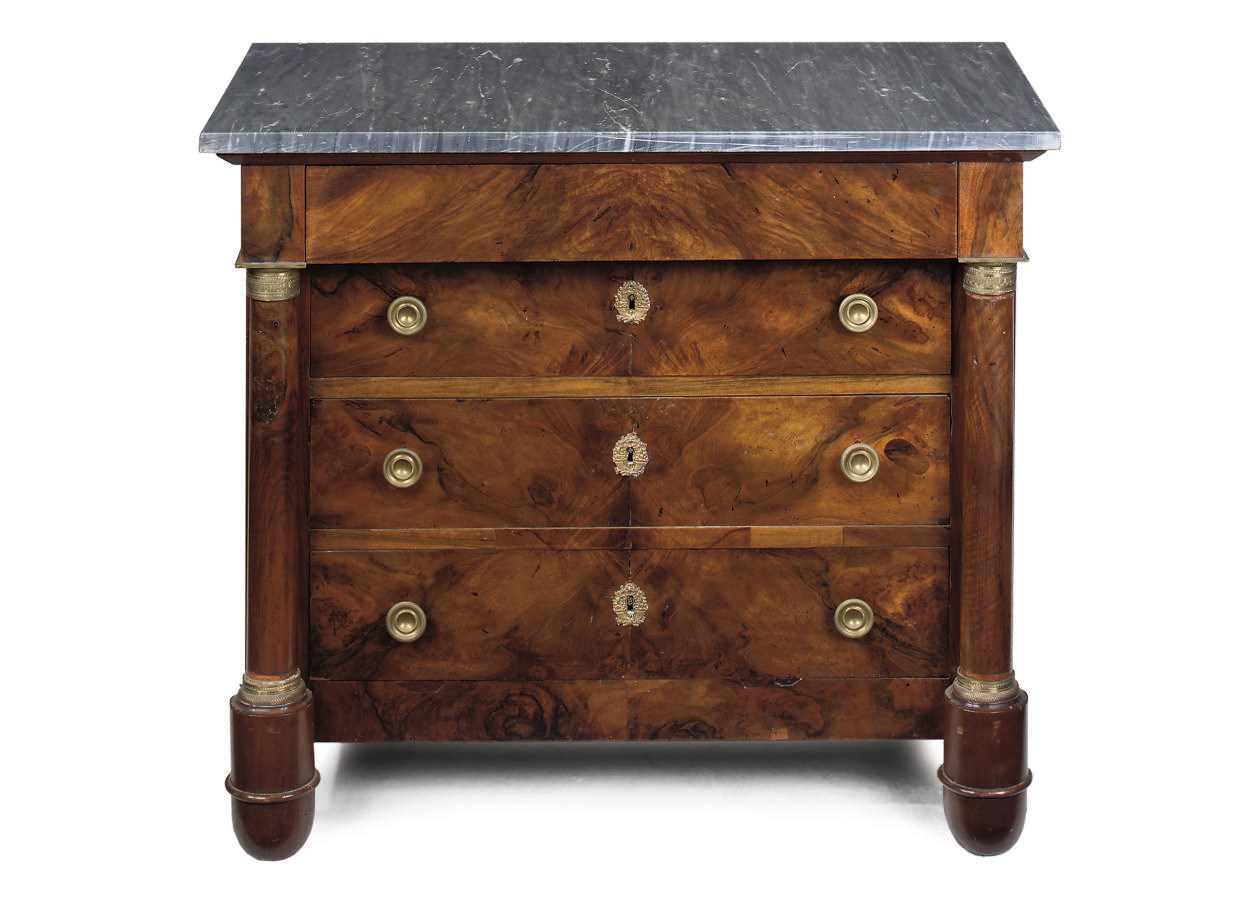 A RESTAURTION GILT-METAL WALNUT COMMODE