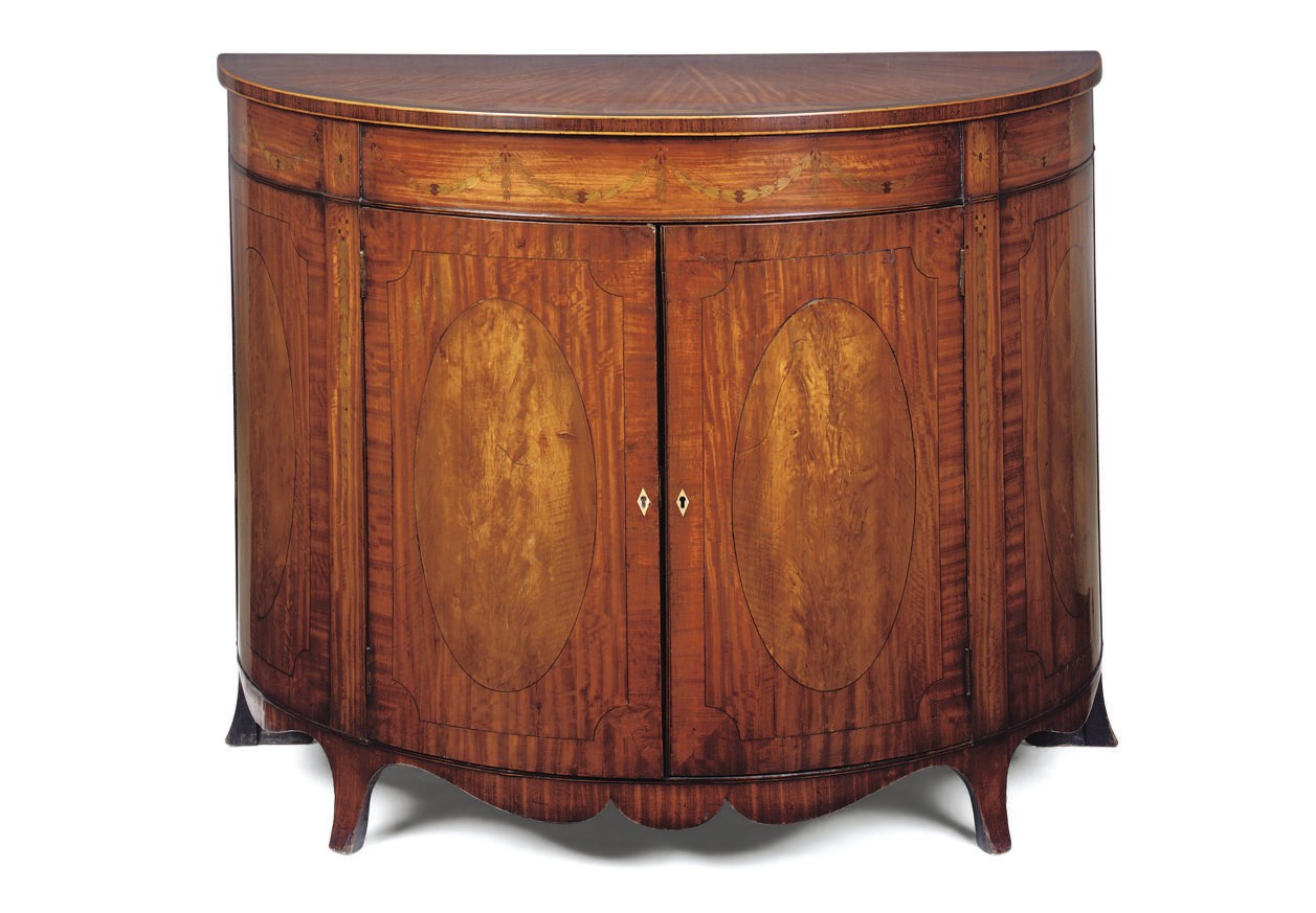 AN EDWARDIAN SATINWOOD, ROSEWOOD CROSSBANDED AND MARQUETRY DEMI-LUNE SIDE CABIENT