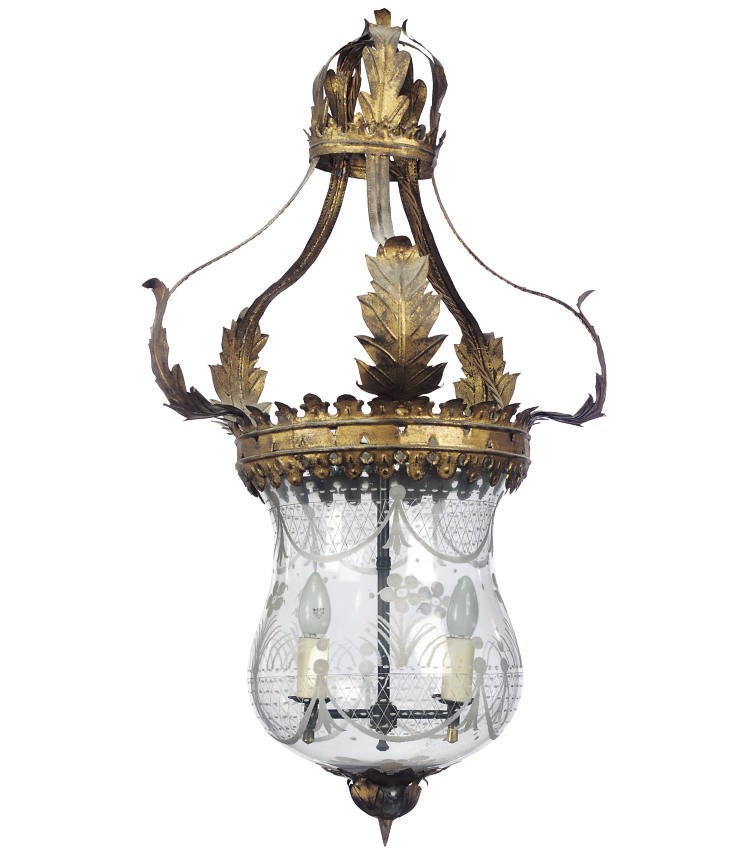 A GILT-METAL MOUNTED ETCHED GLASS LANTERN