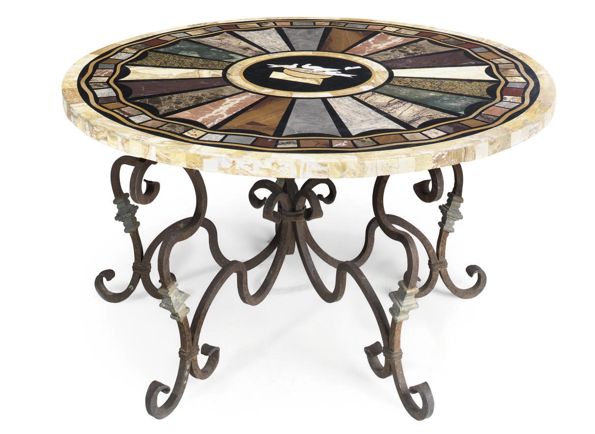A SPECIMEN MARBLE AND WROUGHT-IRON LOW TABLE