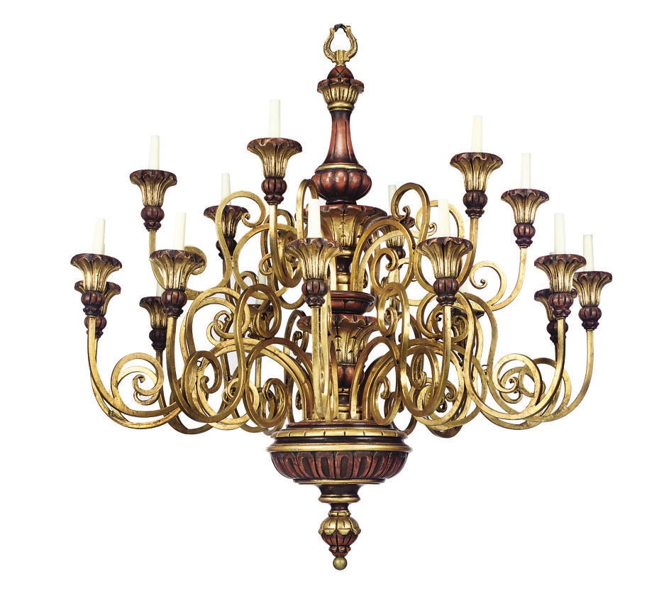 A PAIR OF LARGE EIGHTEEN-LIGHT GILT-WOOD AND POLYCHROME CHANDELIERS