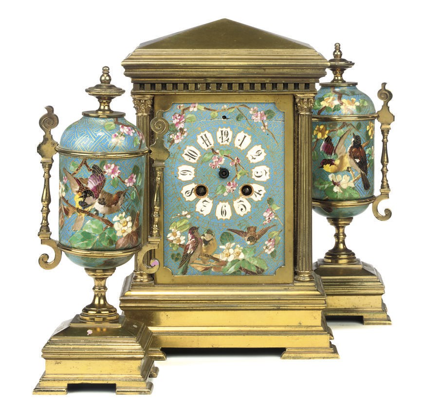 A FRENCH GILT-BRONZE AND PAINTED PORCELAIN CLOCK AND GARNITURE