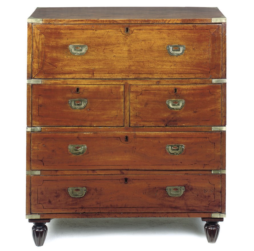 A SINO-ENGLISH MAHOGANY AND LINE DECORATED CAMPAIGN SECRETAIRE CHEST