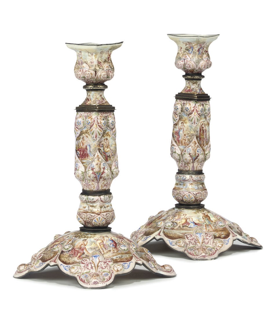 A PAIR OF VIENNA ENAMEL AND SILVER MOUNTED CANDLESTICKS