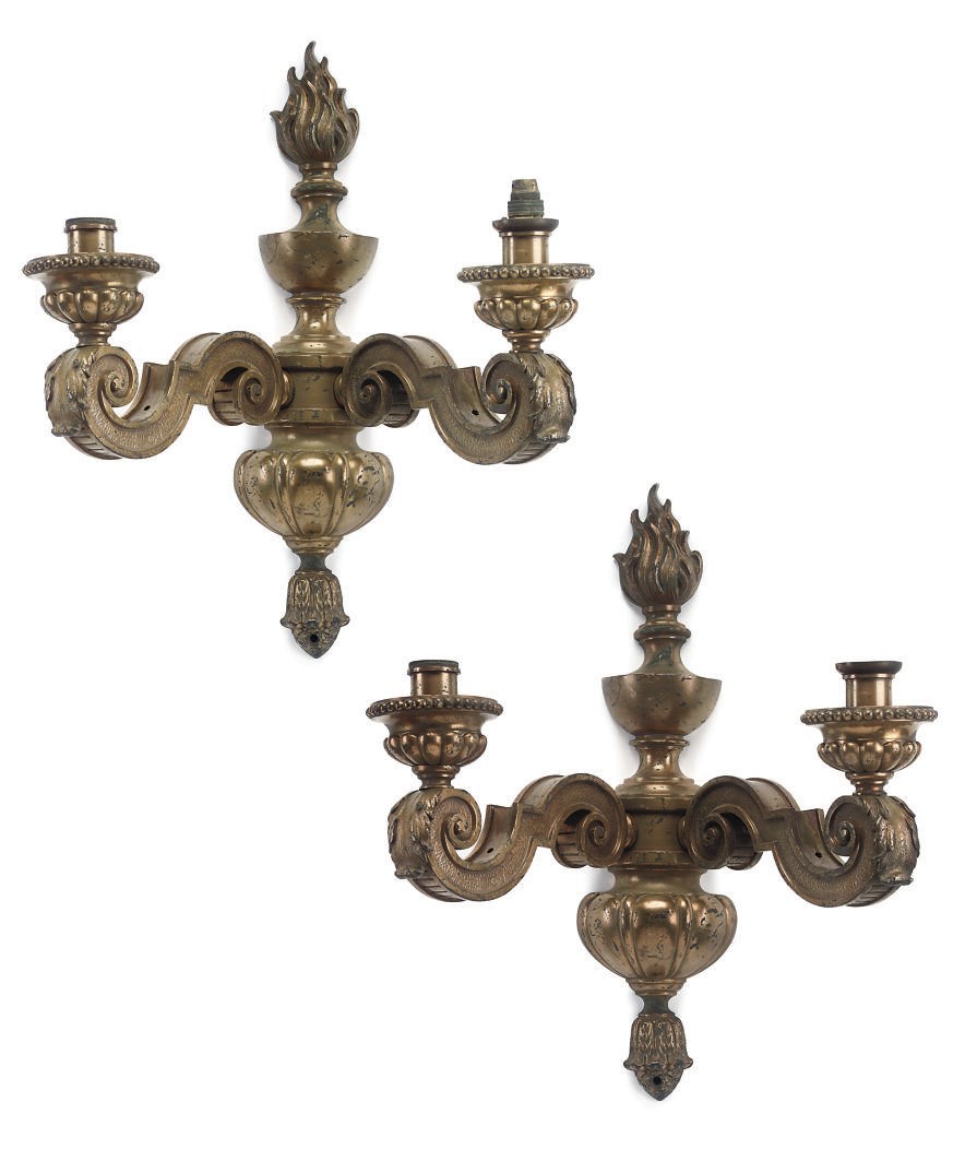 A SET OF FIVE GILT-BRONZE TWIN-LIGHT WALL APPLIQUES