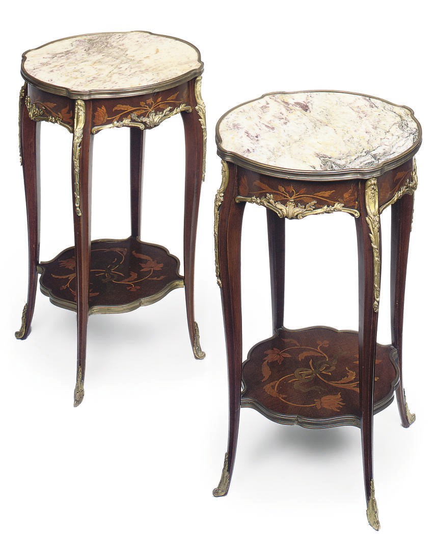 A PAIR OF FRENCH GILT METAL MOUNTED AND MARQUETRY TABLE AMBULANTES