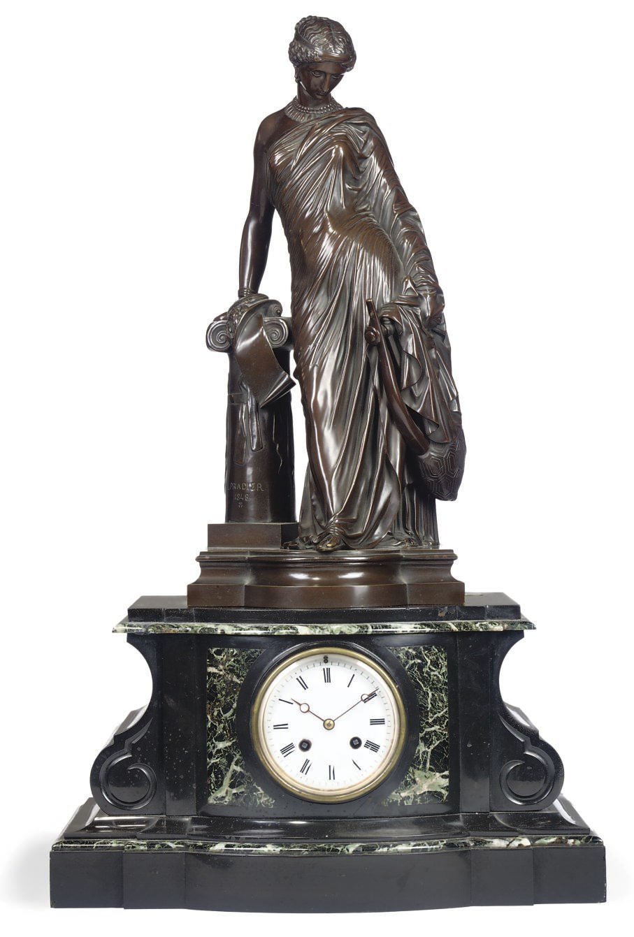 A FRENCH BRONZE AND MARMO VERDE MANTEL CLOCK