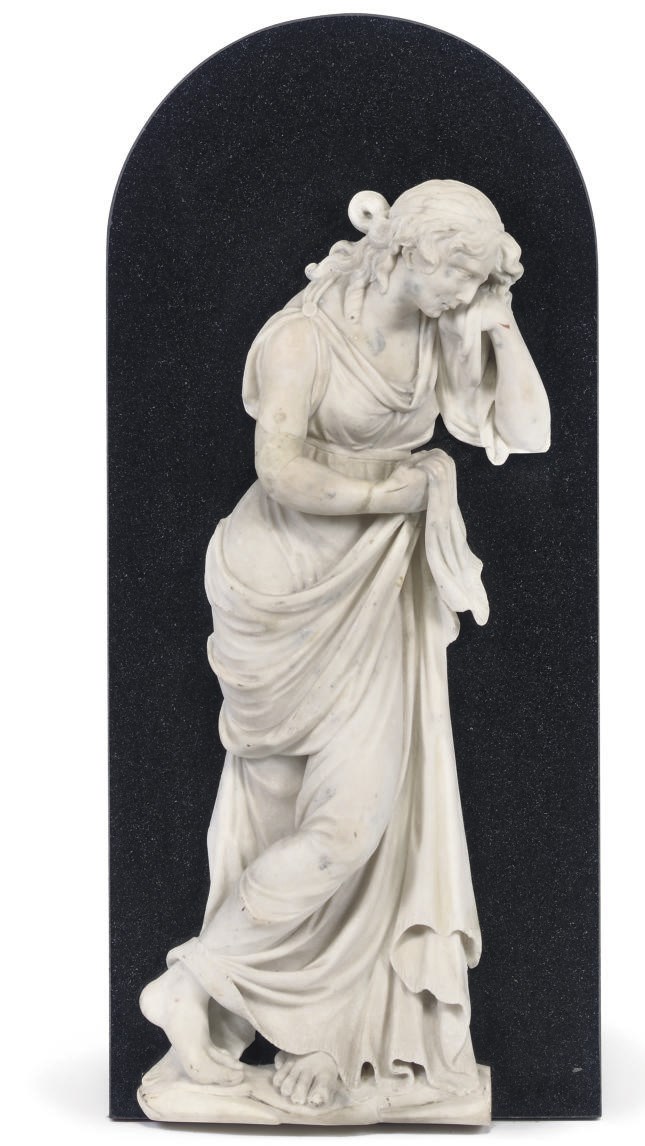 A GEORGE III WHITE MARBLE RELIEF OF A MOURNING WOMAN