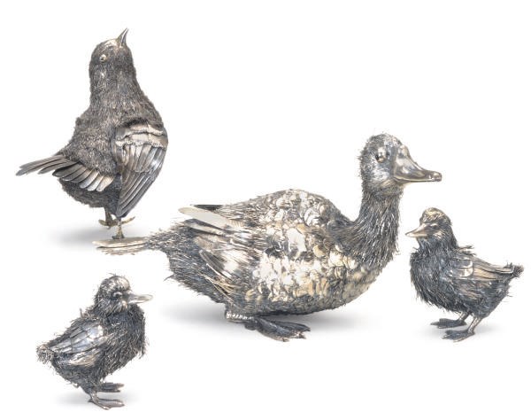 A GROUP OF FOUR ITALIAN SILVER MODELS OF BIRDS,