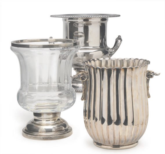 AN ITALIAN SILVER WINE COOLER, AN ITALIAN SILVER-MOUNTED GLASS WINE COOLER AND A SILVER-PLATED WINE COOLER,
