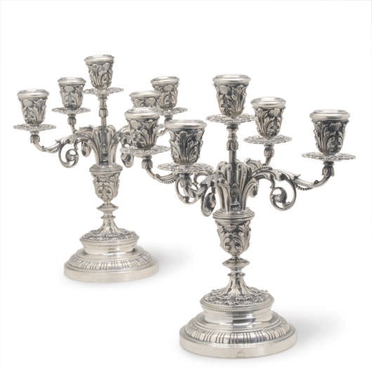 A PAIR OF ITALIAN SILVER FIVE-LIGHT CANDELABRA,