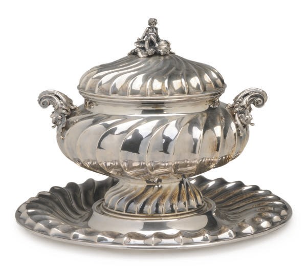 AN ITALIAN SILVER-PLATED TUREEN, COVER AND STAND,