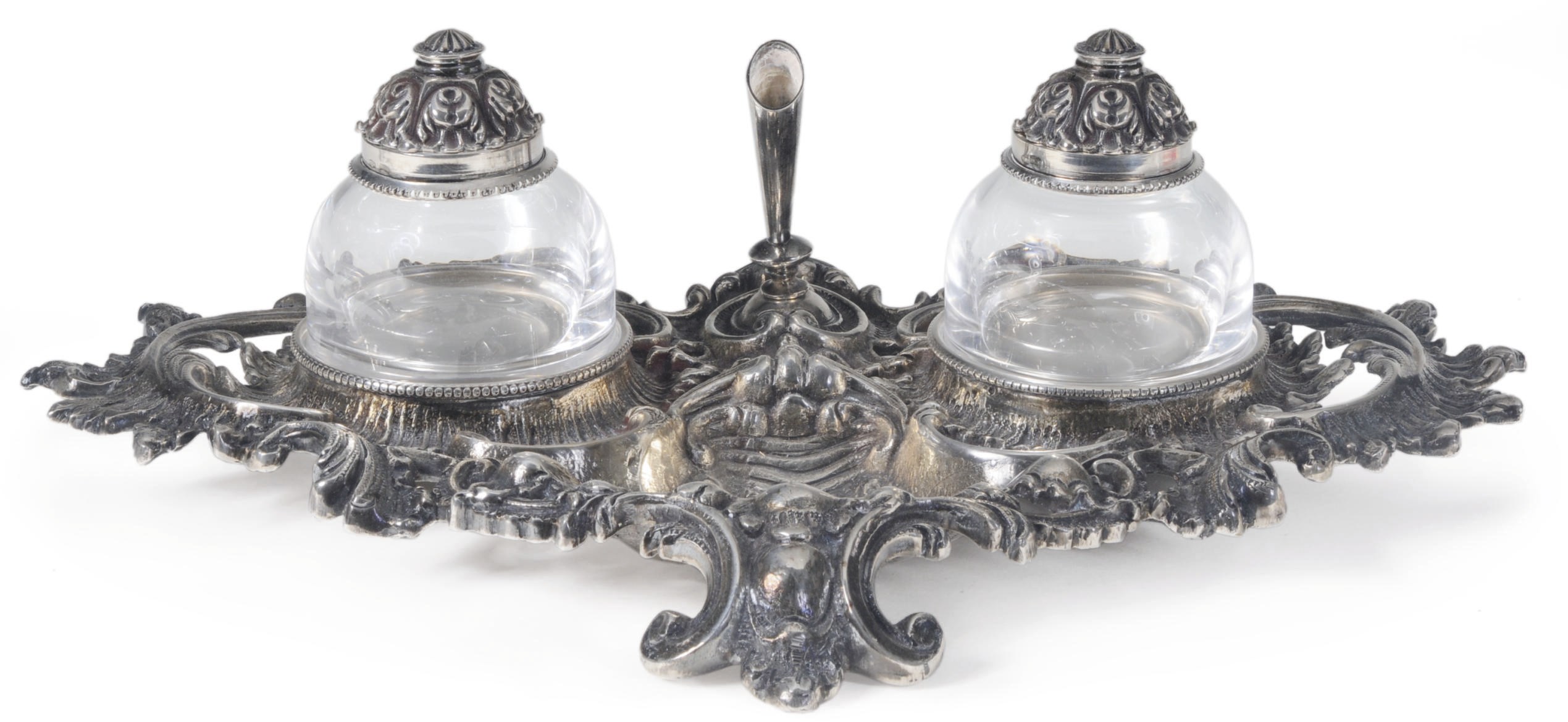AN ITALIAN SILVER-PLATED INKSTAND,